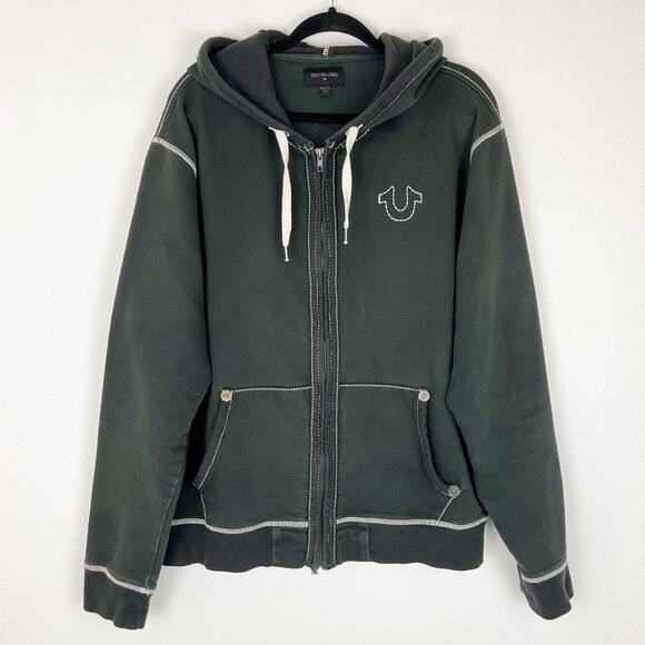 Y2K True Religion Men’s Distressed Grunge Solid Sweatshirt Hoodie Gray 3XL - Picture 1 of 9